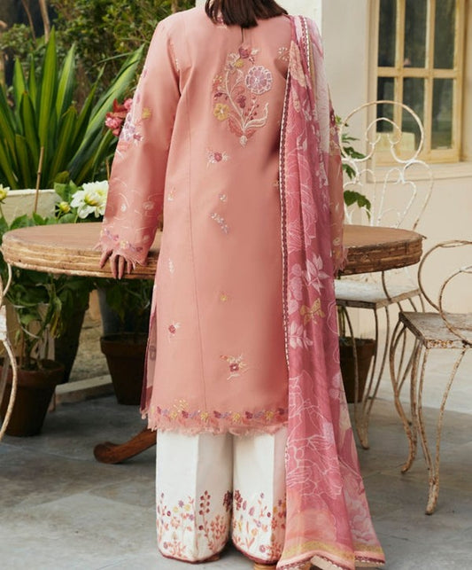 Coco By Zara Shahjahan 3Pc Embroidered Lawn suit in Peach Pink CODE. MC-1034