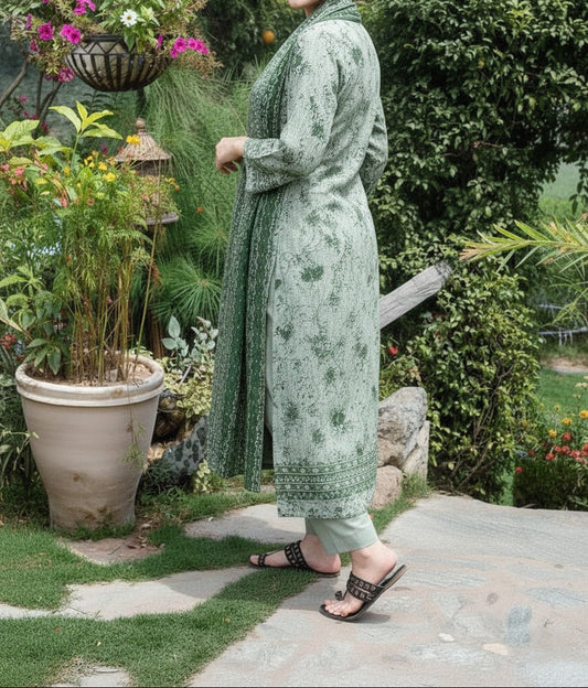 Choices W875 - Digital Printed 3pc Karandi Dress With Digital Printed Karandi Shawl.