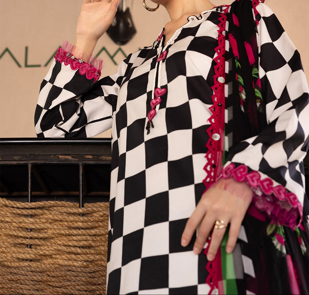 Choices S1352 - Printed & Embroidered 3pc Lawn Dress With Embroidered Sequence Chiffon Dupatta.