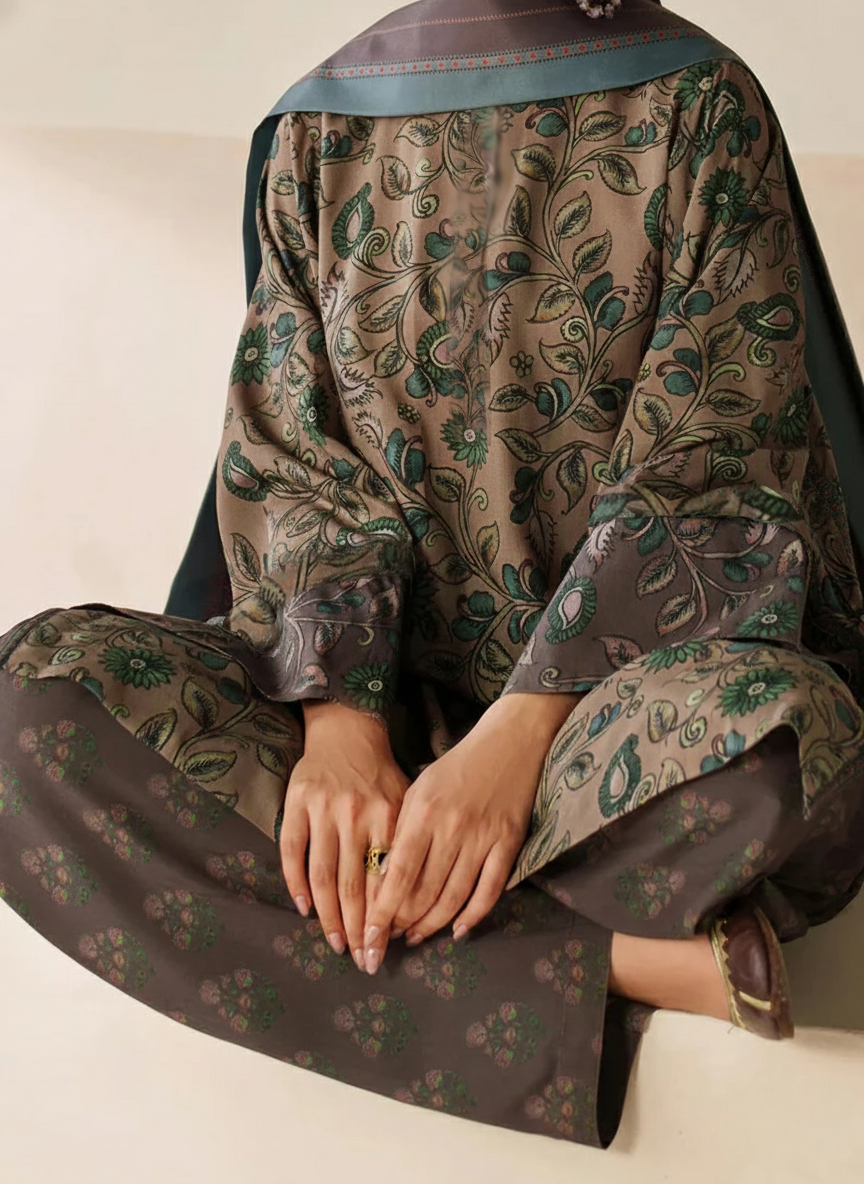 Choices W832 - Digital Printed 3pc Karandi Dress With Digital Printed Karandi Shawl.