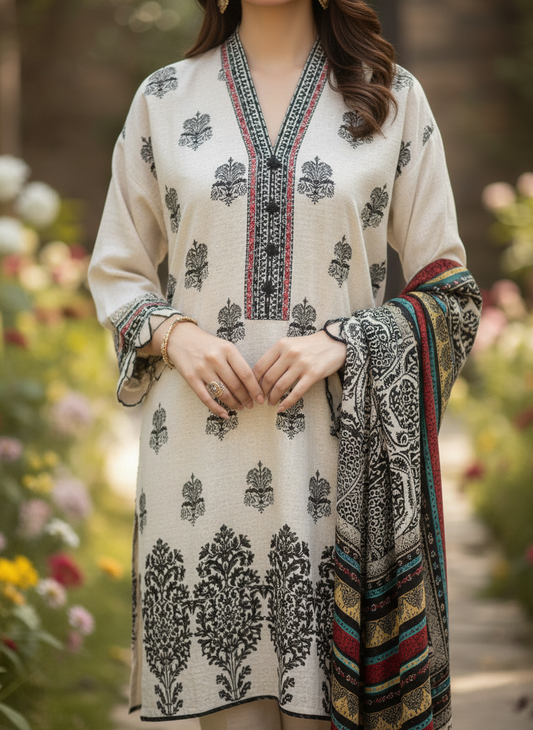 Choices W554-Embroidered 3pc khaddar dress With Printed shawl.