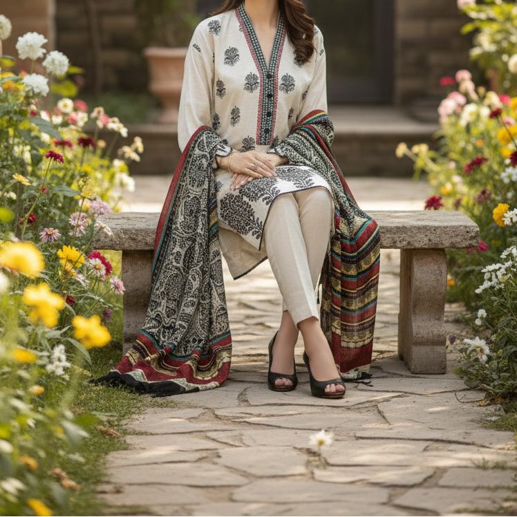 Choices W554-Embroidered 3pc khaddar dress With Printed shawl.