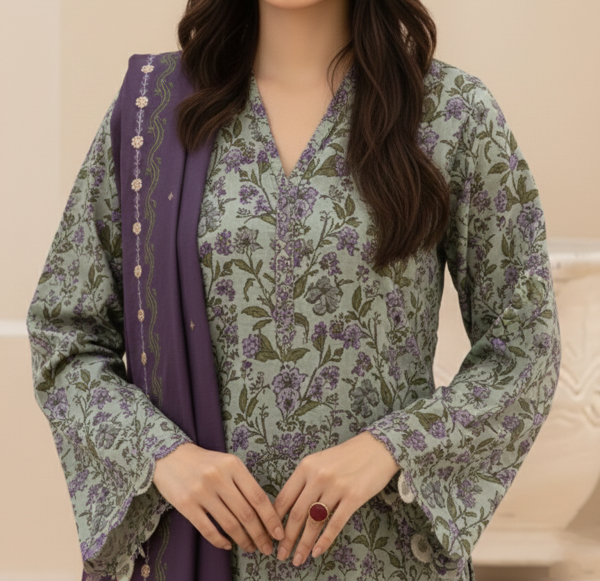 Choices W816 - Digital Printed 3pc Karandi Dress With Digital Printed Karandi Shawl.