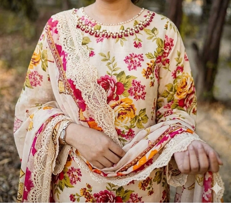 Choices S1353 - Printed & Embroidered 3pc Lawn Dress With Embroidered Sequence Chiffon Dupatta.