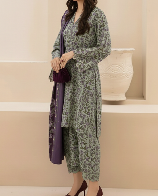 Choices W816 - Digital Printed 3pc Karandi Dress With Digital Printed Karandi Shawl.