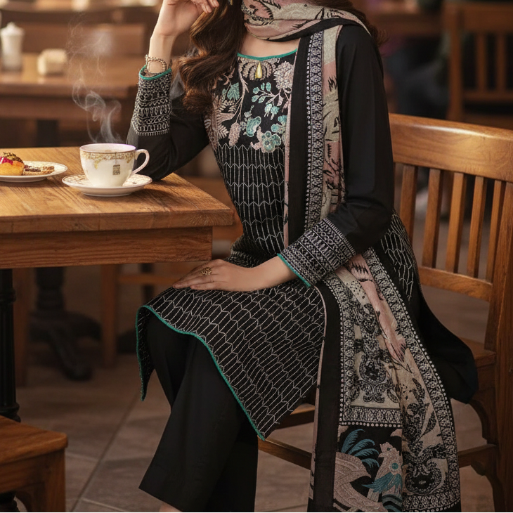 Choices W537-Embroidered 3pc khaddar dress With Printed shawl.