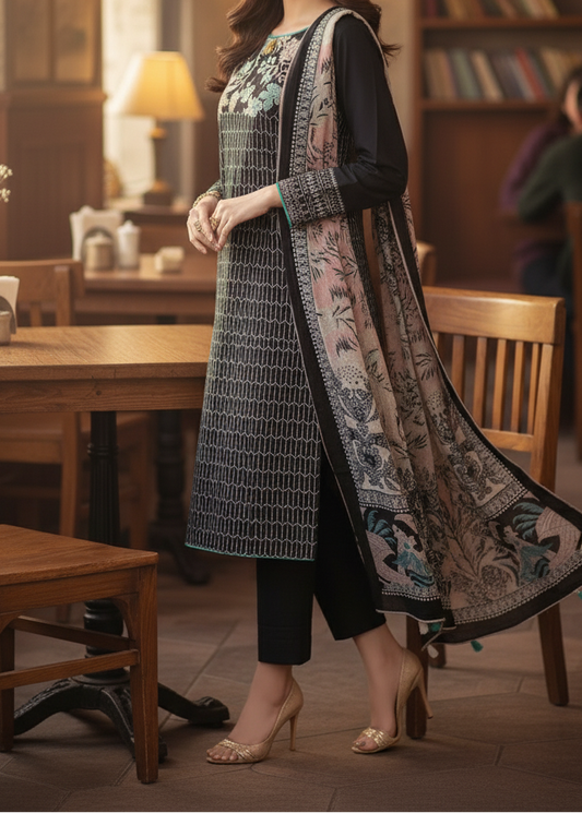 Choices W537-Embroidered 3pc khaddar dress With Printed shawl.