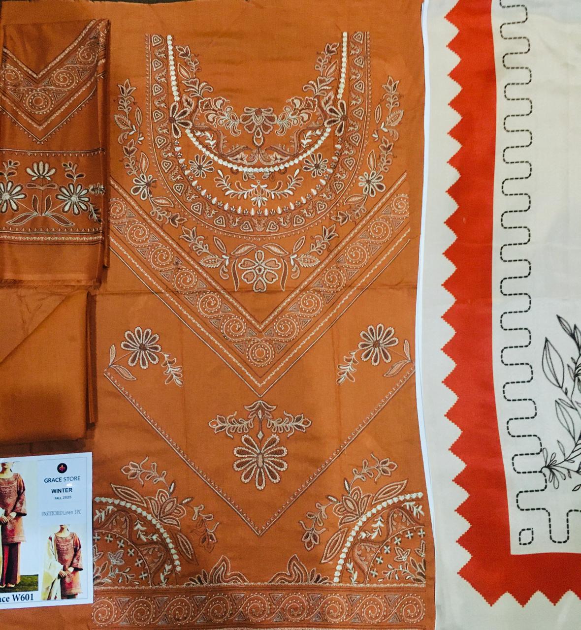 Choices W601- Embroidered 3pc Linen Dress with Printed Shawl.