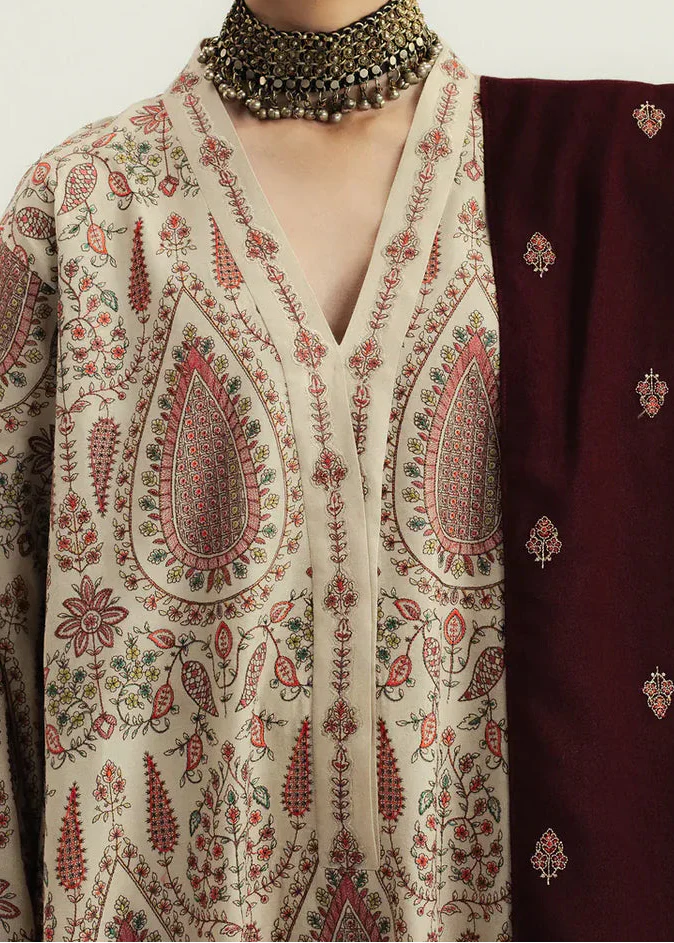 Choices W979-Embroidered 3pc Marina Dress With Printed Shawl.
