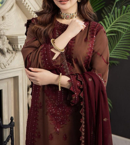Choices S665-Embroidered 3PC Lawn dress with Embroidered chiffon dupatta. Choicesstore.pk