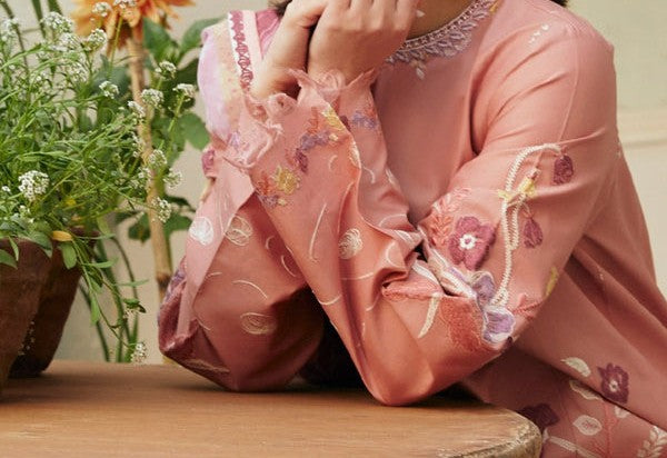 Coco By Zara Shahjahan 3Pc Embroidered Lawn suit in Peach Pink CODE. MC-1034