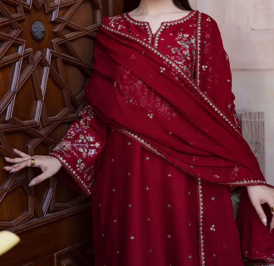 3 Piece Unstitched Heavy Embroidered Lawn Suit ( Full Embroidered Chiffon Dupatta