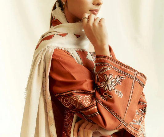 Choices W601- Embroidered 3pc Linen Dress with Printed Shawl.