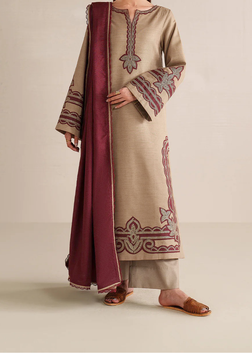 Choices W987-Embroidered 3pc Marina Dress With Printed Shawl.