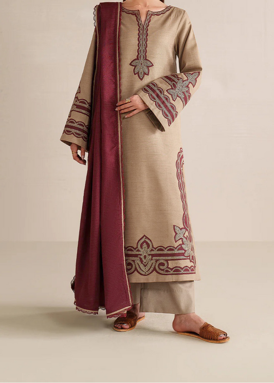Choices W987-Embroidered 3pc Marina Dress With Printed Shawl.