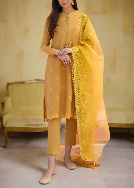 Choices W608- Embroidered 3pc Linen Dress with Embroidered Organza Dupatta.