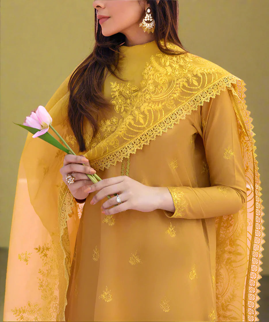 Choices W608- Embroidered 3pc Linen Dress with Embroidered Organza Dupatta.