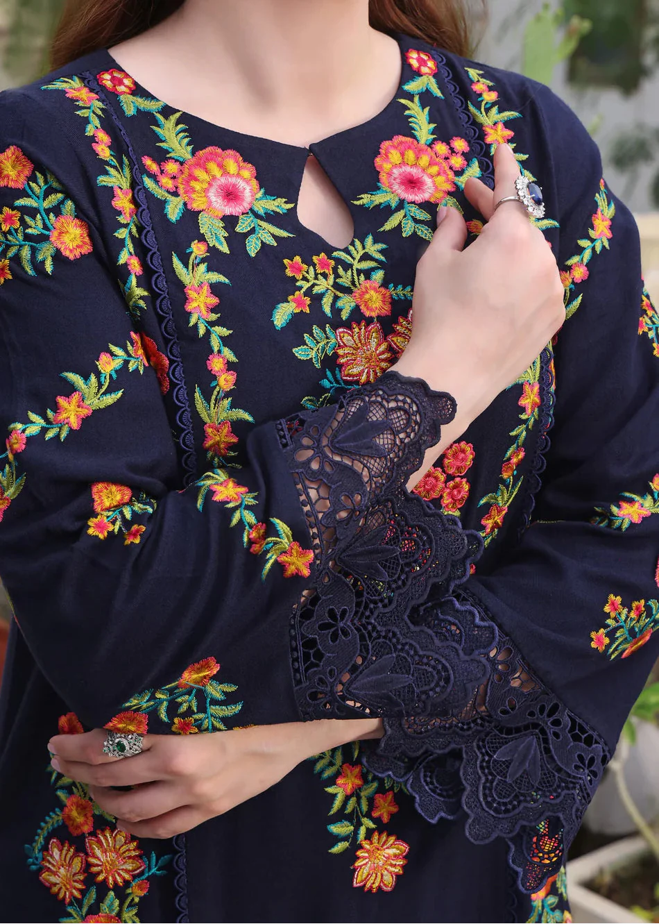 Choices W1017-Embroidered 3pc Marina Dress With Printed Shawl.