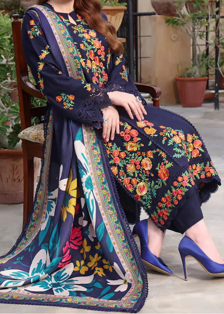 Choices W1017-Embroidered 3pc Marina Dress With Printed Shawl.