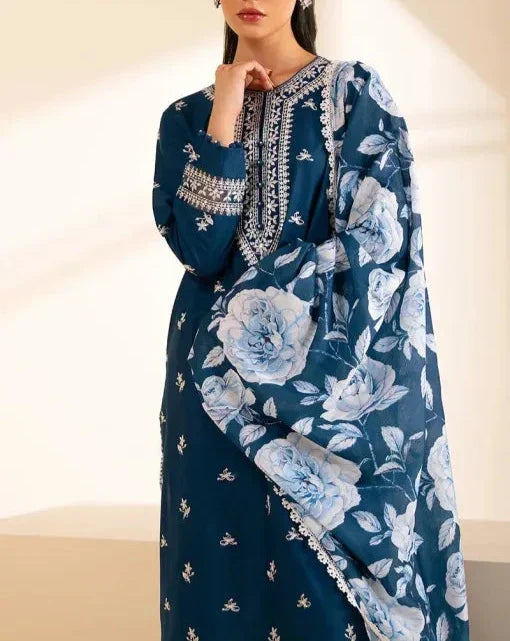 Choices W693-Embroidered 3pc Linen Dress With Printed Shawl
