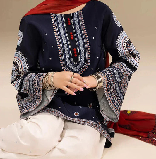 Choices W694-Embroidered 3pc Linen Dress With Printed Shawl