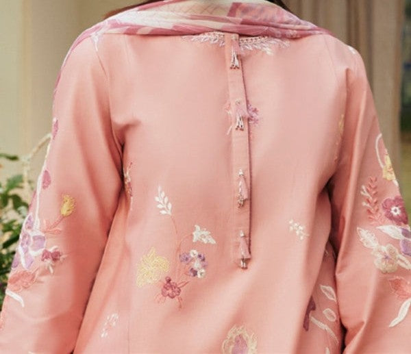 Coco By Zara Shahjahan 3Pc Embroidered Lawn suit in Peach Pink CODE. MC-1034