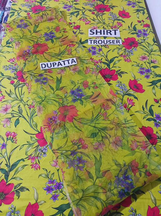 Choices S480-Printed 3pc lawn dress with Printed organza dupatta.