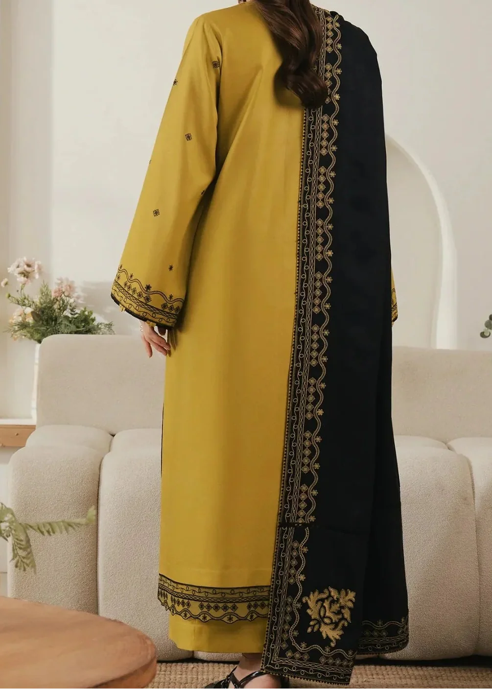Choices W1010-Embroidered 3pc Marina Dress With Printed Shawl.