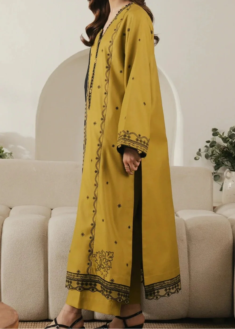 Choices W1010-Embroidered 3pc Marina Dress With Printed Shawl.