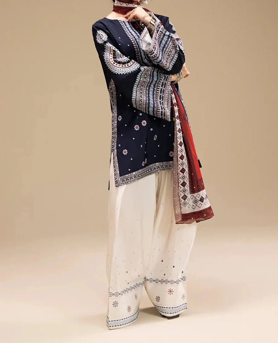 Choices W694-Embroidered 3pc Linen Dress With Printed Shawl
