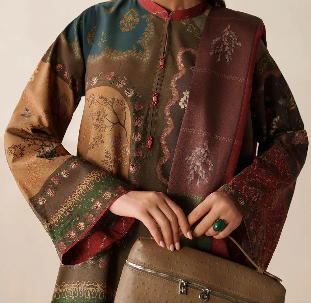 Choices W849 - Digital Printed 3pc Karandi Dress With Digital Printed Karandi Shawl.