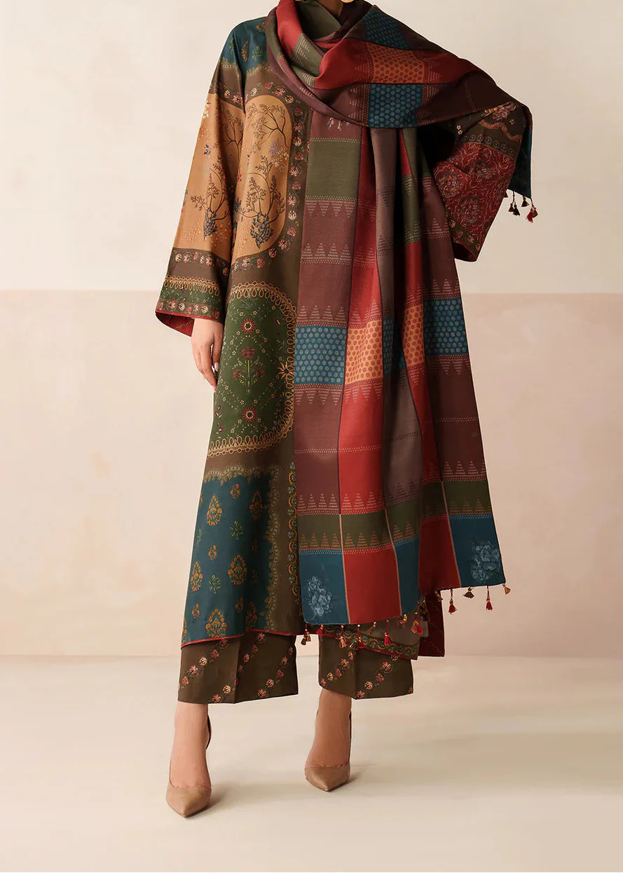 Choices W849 - Digital Printed 3pc Karandi Dress With Digital Printed Karandi Shawl.