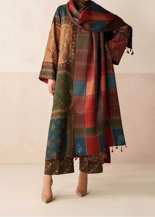 Choices W849 - Digital Printed 3pc Karandi Dress With Digital Printed Karandi Shawl.