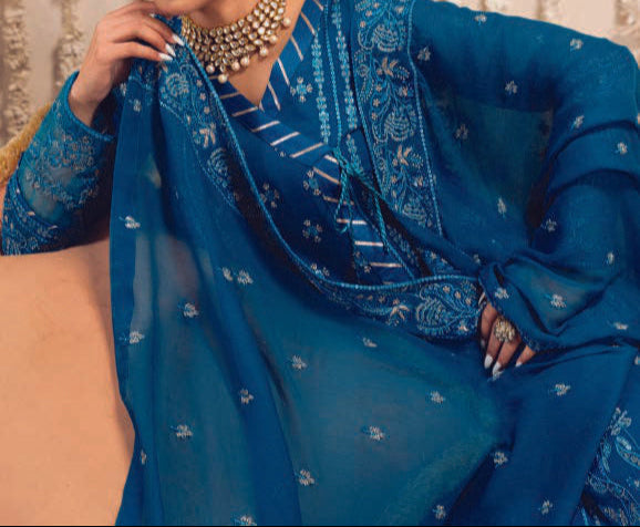 BLUE NOVA– Embroidered Chiffon Unstitched 3Pc Suit.