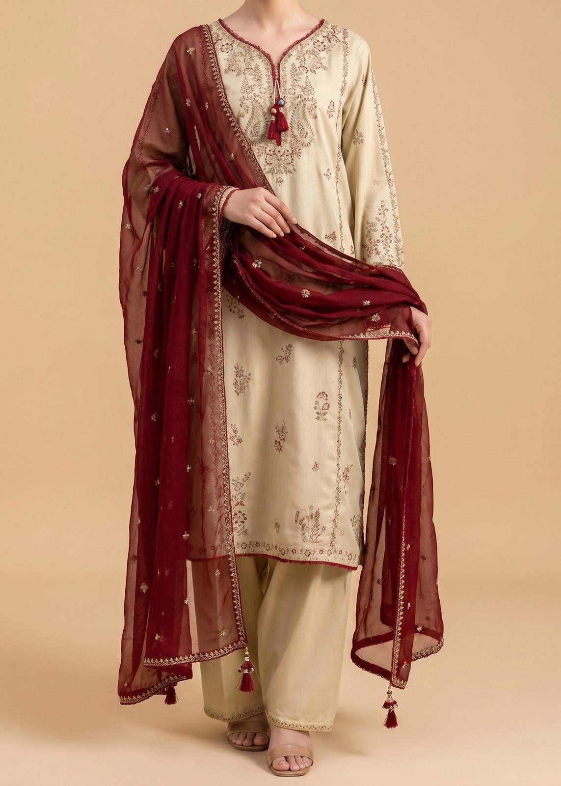 Choices S1433 - Embroidered 3pc Lawn Dress With Embroidered Chiffon Dupatta.