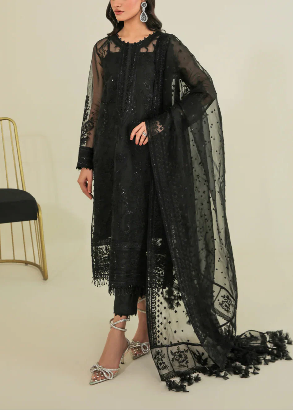 Choices S926-Embroidered Sequence 3pc Organza Dress with Embroidered Organza Duppata.