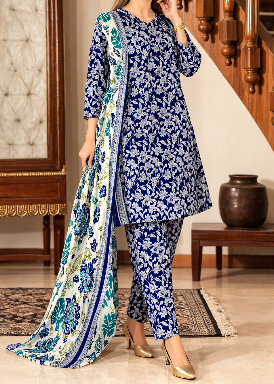 Choices S1349 - Printed & Embroidered 3pc Lawn Dress With Embroidered  Sequence Chiffon Dupatta.