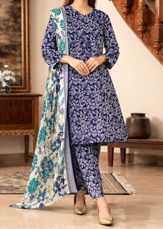 Choices S1349 - Printed & Embroidered 3pc Lawn Dress With Embroidered  Sequence Chiffon Dupatta.