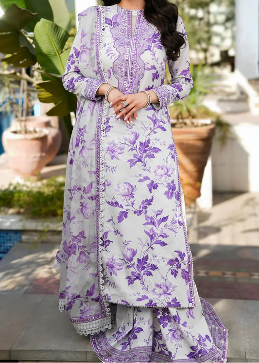 Choices S1299 - Printed & Embroidered 3pc Lawn Dress With Embroidered  Sequence Chiffon Dupatta.
