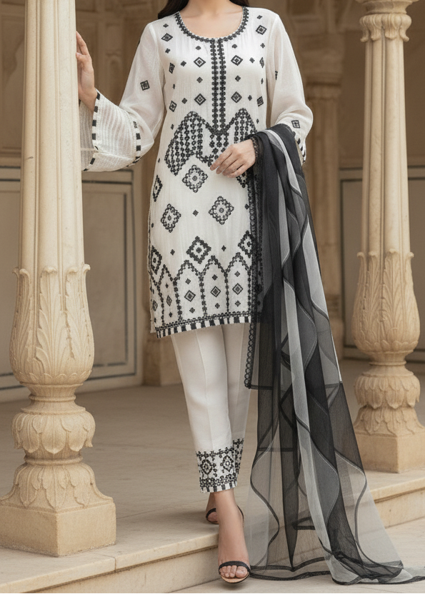 Choices S428-Embroidered 3pc organza dress with organza embroidered duppata.