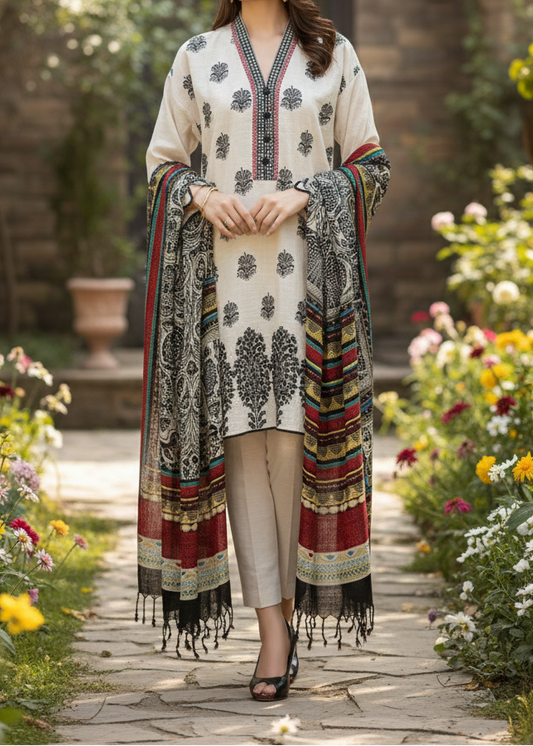 Choices W554-Embroidered 3pc khaddar dress With Printed shawl.