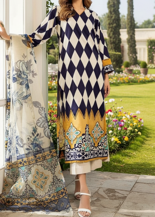 Choices W280- Printed 3pc soft crepe  dress With Printed organza dupatta.