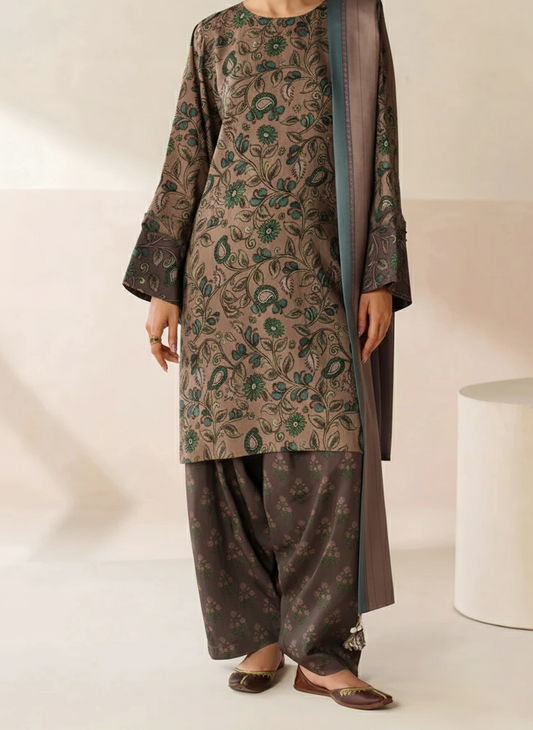 Choices W832 - Digital Printed 3pc Karandi Dress With Digital Printed Karandi Shawl.