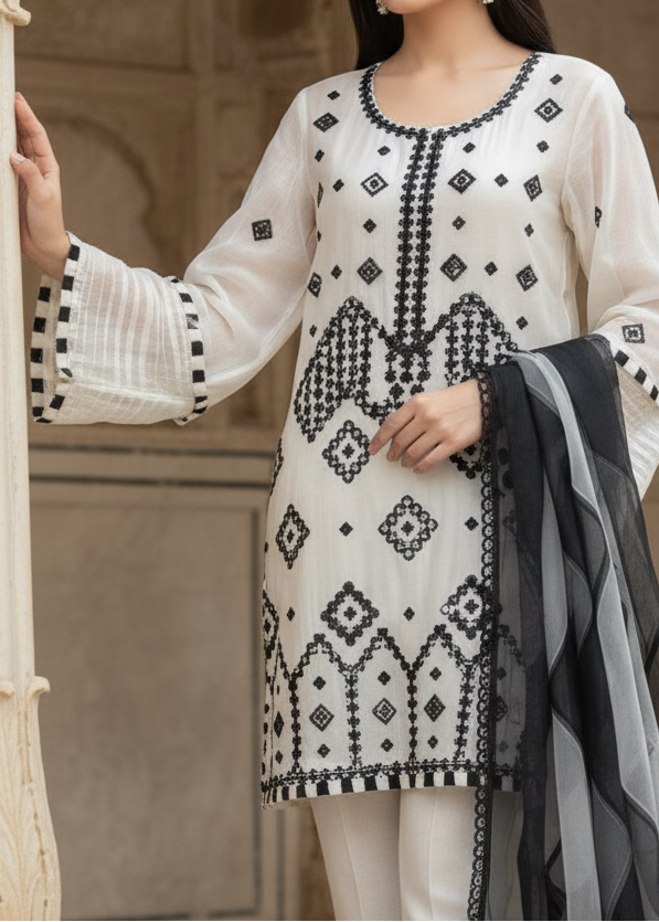 Choices S428-Embroidered 3pc organza dress with organza embroidered duppata.