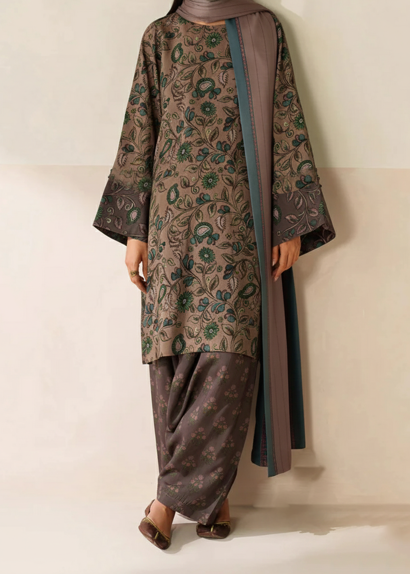 Choices W832 - Digital Printed 3pc Karandi Dress With Digital Printed Karandi Shawl.