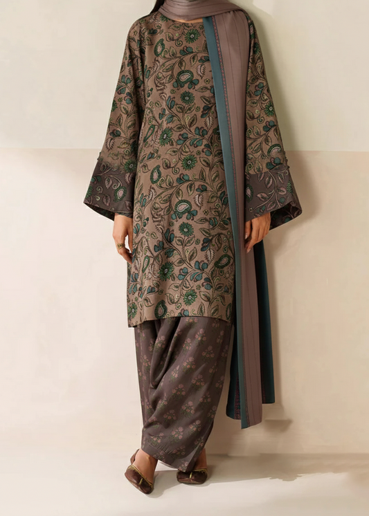 Choices W832 - Digital Printed 3pc Karandi Dress With Digital Printed Karandi Shawl.