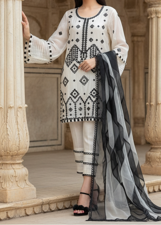 Choices S428-Embroidered 3pc organza dress with organza embroidered duppata.