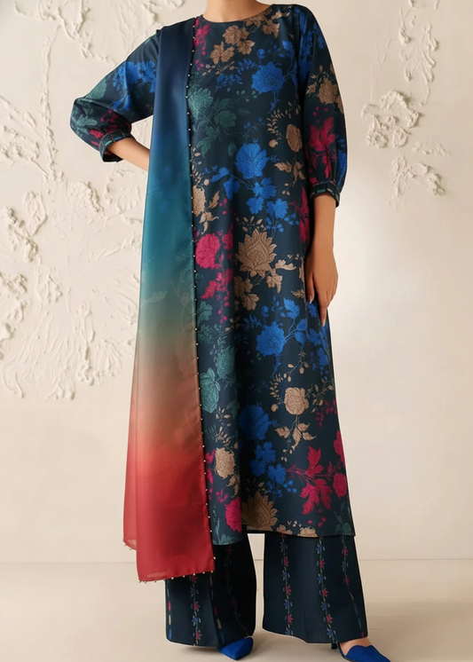 Choices W780 - Digital Printed 3pc Karandi Dress With Digital Printed Karandi Shawl.