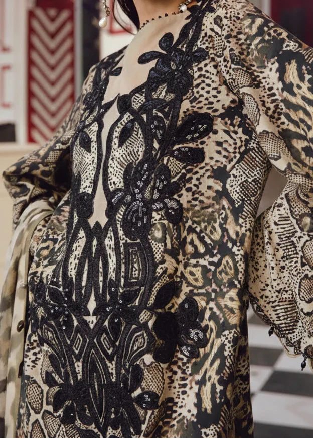 Choices W940 - Embroidered & Digital Printed 3pc Silk Dress With Digital Printed Silk Dupatta.