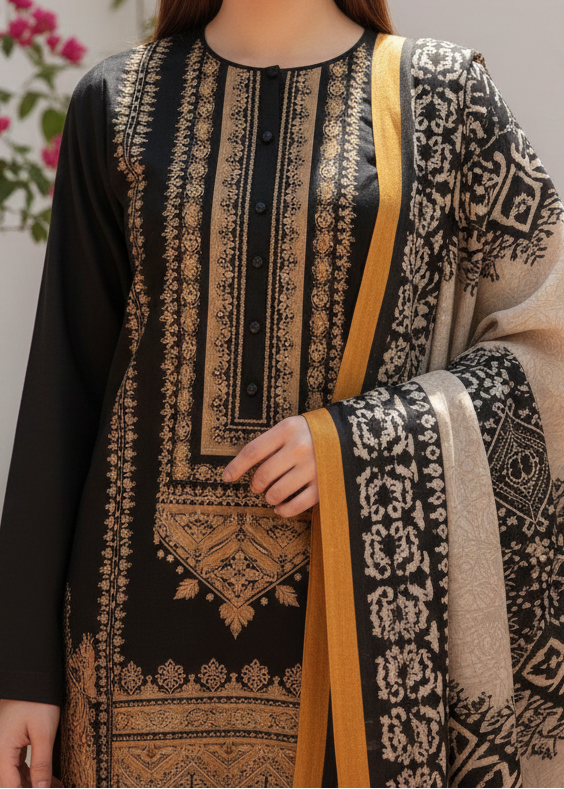 Choices W102 -Embroidered 3pc khaddar dress with printed shawl.